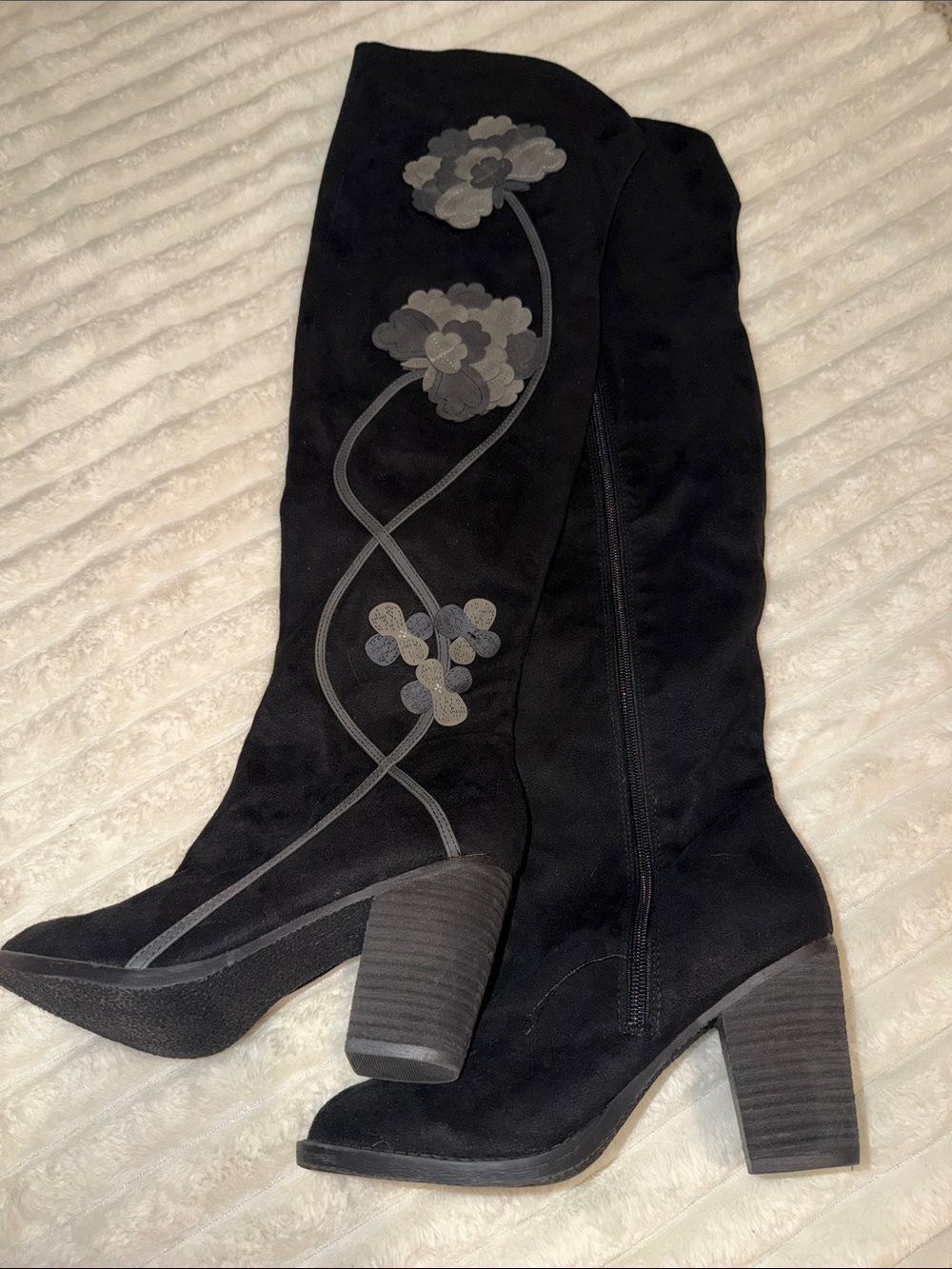 Not Rated Black Suede Over-the-Knee Boots with Gray Floral Accents